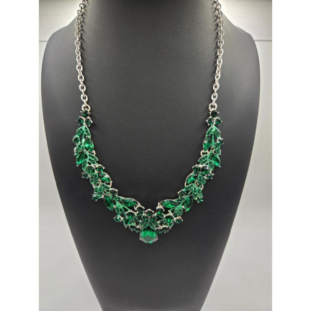 Christina Collection Green Rhinestone Statement Necklace Earrings Silver Tone